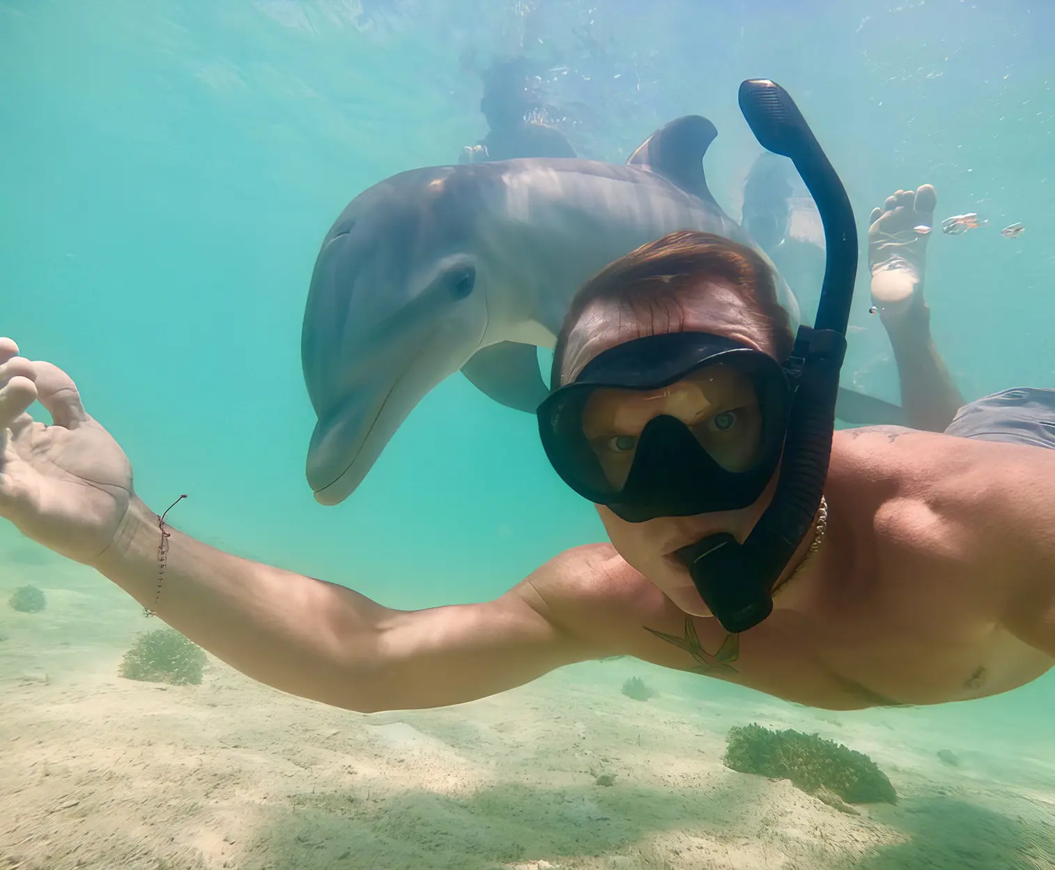 Captain Mat snorkeling beside a dolphin