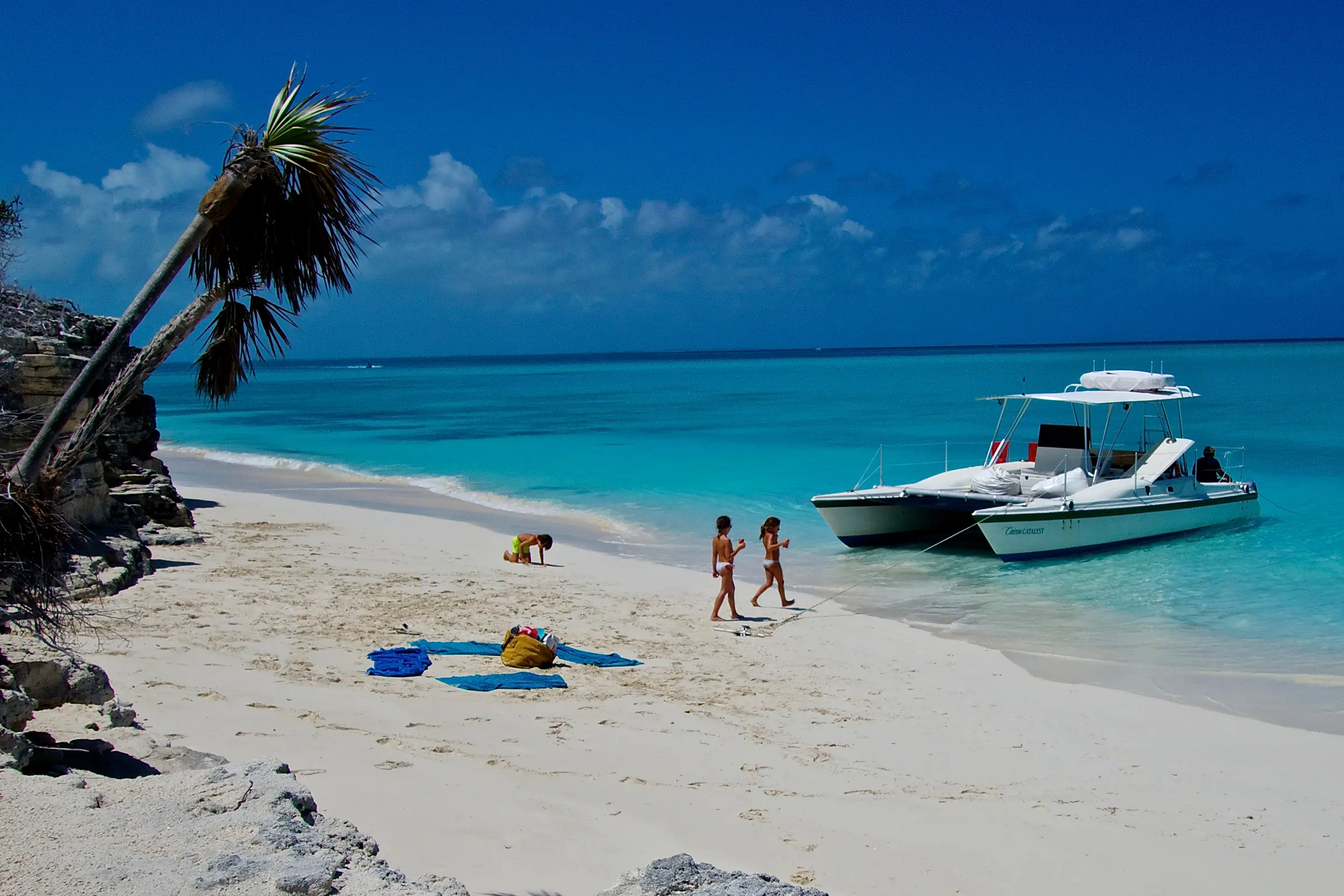Catalyst at anchor off a palm-lined beach